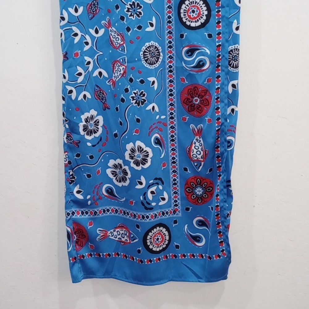 Rachel Zoe Blue Satin Bandana Scarf Print Faux Wrap Skirt, Size XS - Picture 3 of 9